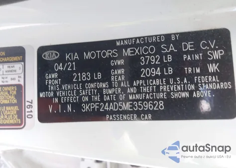 2021 Kia Forte Lxs z USA, uszkodzony, nr VIN 3KPF24AD5ME359628